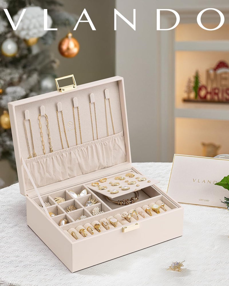 Vlando 2 Layer Jewelry Box Large Jewelry Organizer for Women Removable Jewelery Tray for Necklace Earrings Rings Bracelets Christmas Gifts for Mom Wife (Light Pink) - Image 3